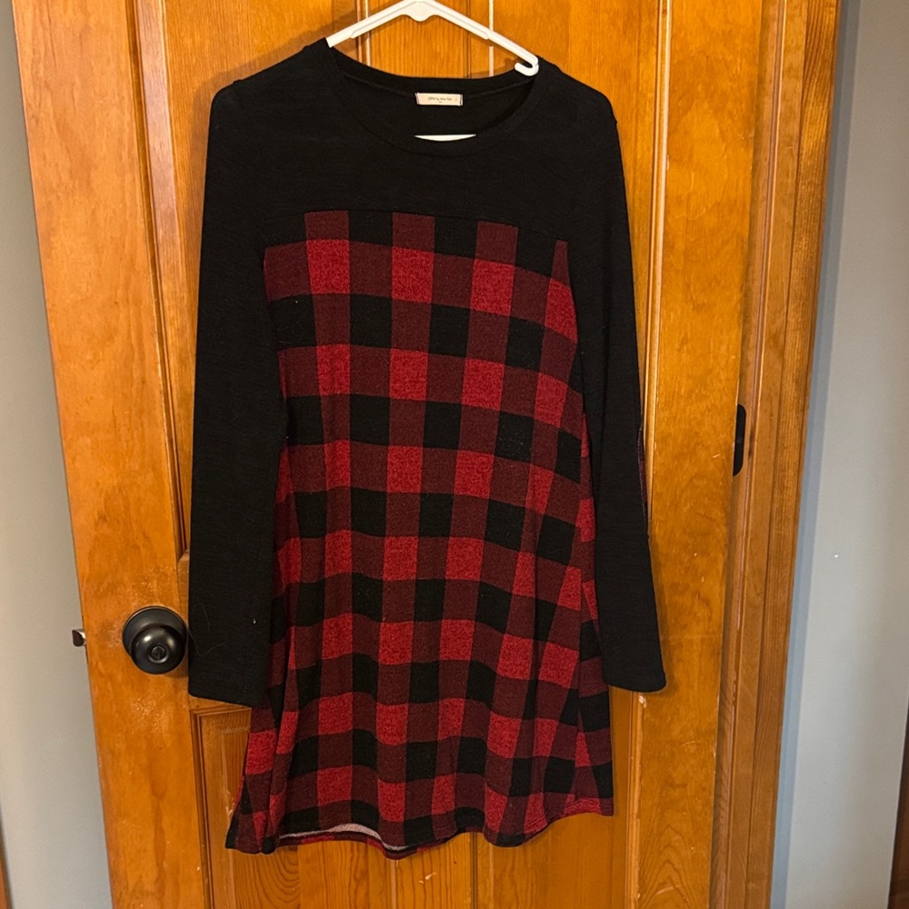 12 Pm By Mon Ami Black and Red Long Sleeve Plaid Swing Dress
